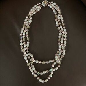 Vintage three-strand necklace. Cream & rose gold pearls & crystal & amber beads